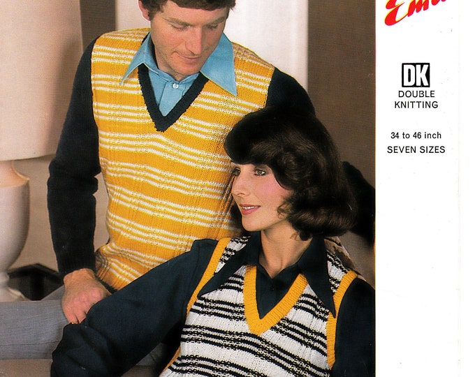 Original knitting Pattern Emu 4606 Womens Ladies Mens 70s vintage DK V neck striped sleeveless sweater vest tank top 34" to 46" chest