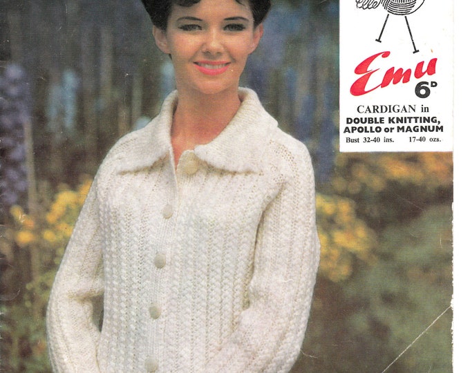 Original Knitting Pattern Emu 2145 Womens 60s vintage DK or chunky knit round neck collared cable rib raglan cardigan 32" to 40"