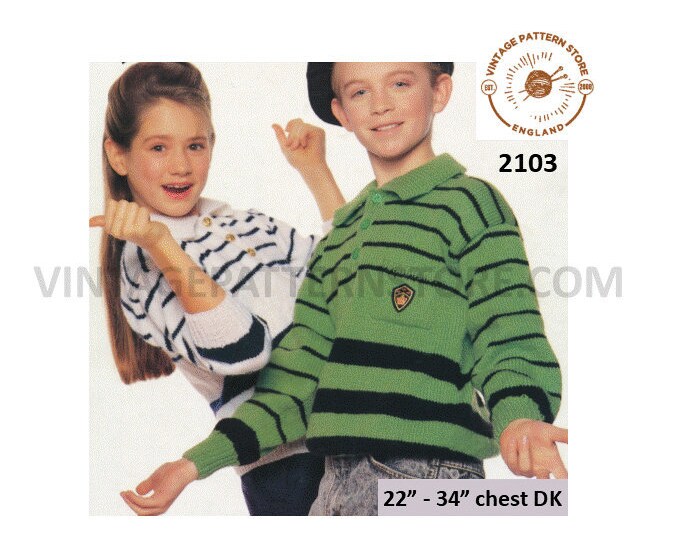 Girls Boys 90s DK shirt neck collared striped drop shoulder dolman polo sweater jumper pdf knitting pattern 22" to 34" Instant Download 2103