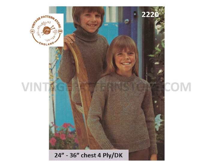 Girls Boys easy to knit 70s vintage polo or crew neck 4 ply or DK raglan sweater jumper pdf knitting pattern 24" to 36" chest Download 2220