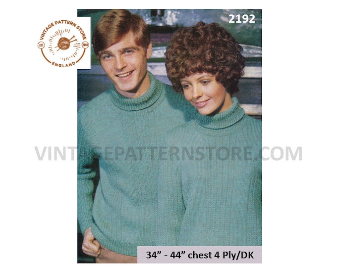 Ladies Womens Mens 70s vintage DK 4 ply turtleneck polo neck rib panel raglan sweater jumper pdf knitting pattern  34" to 44" download 2192