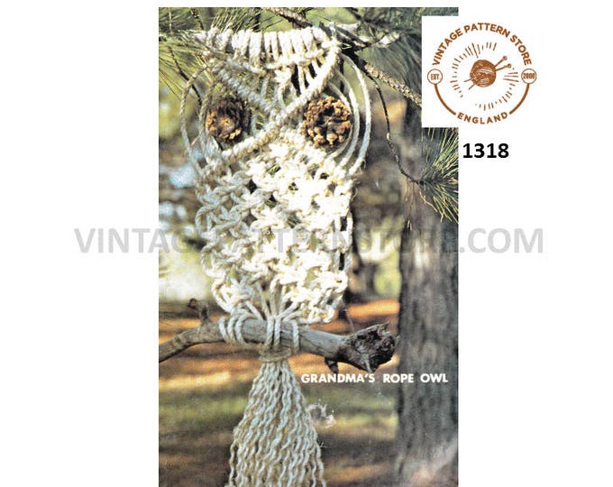 1970s macrame owl pattern, 70s macrame wall art easy macrame owl pattern, beginners macrame, vintage macrame owl - PDF download 1318