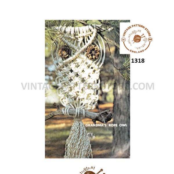 1970s macrame owl pattern, 70s macrame wall art easy macrame owl pattern, beginners macrame, vintage macrame owl - PDF download 1318