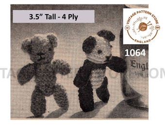 50s Vintage easy to knit 4 ply small toy panda and tiny teddy bear pdf knitting pattern 3.5" High Instant PDF download 1064