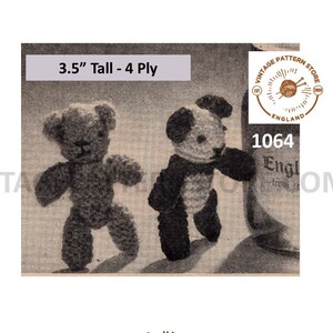 May include: Vintage knitting pattern for a panda and teddy bear crochet toy. The pattern is 3.5 inches tall and uses 4-ply yarn. The pattern is from Vintage Pattern Store, England.