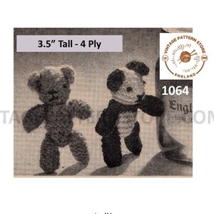 50s Vintage easy to knit 4 ply small toy panda and tiny teddy bear pdf knitting pattern 3.5" High Instant PDF download 1064