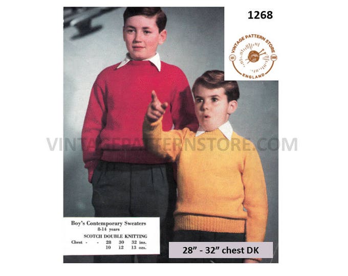 Boys 60s vintage simple and easy to knit DK crew neck raglan sweater jumper pdf knitting pattern 28" to 32" Instant PDF download 1268