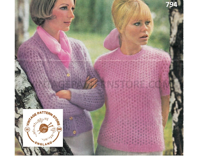 Ladies Womens 60s V neck lacy raglan mohair cardigan & short sleeve round neck sweater jumper pdf knitting pattern 34" to 38" Download 794