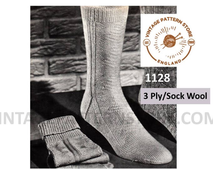 Mens 50s socks knitting pattern, Mens 1950s sock patterns, 3 ply socks pattern, Multi patterned and panel socks pattern - PDF download 1128