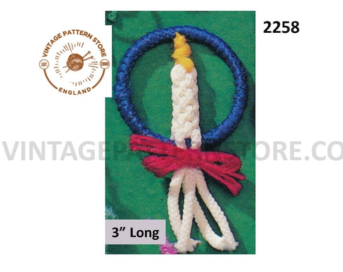 70s vintage easy to make macrame candle wreath Christmas holiday tree decoration ornament pdf macrame pattern 3" Long PDF download 2258