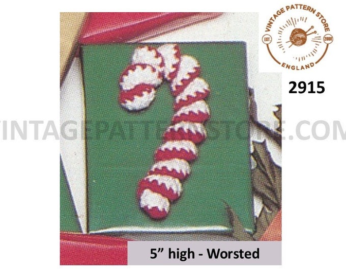 80s vintage easy to crochet worsted candy cane Christmas tree decoration ornament pdf crochet pattern 5" High Instant PDF Download 2915