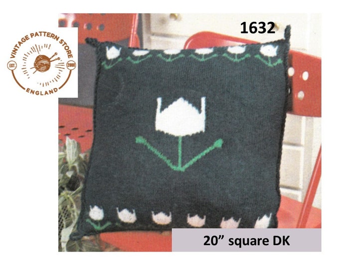 80s vintage easy to knit DK floral tulip square cushion cover pdf knitting pattern 20" by 20" Instant PDF download 1632