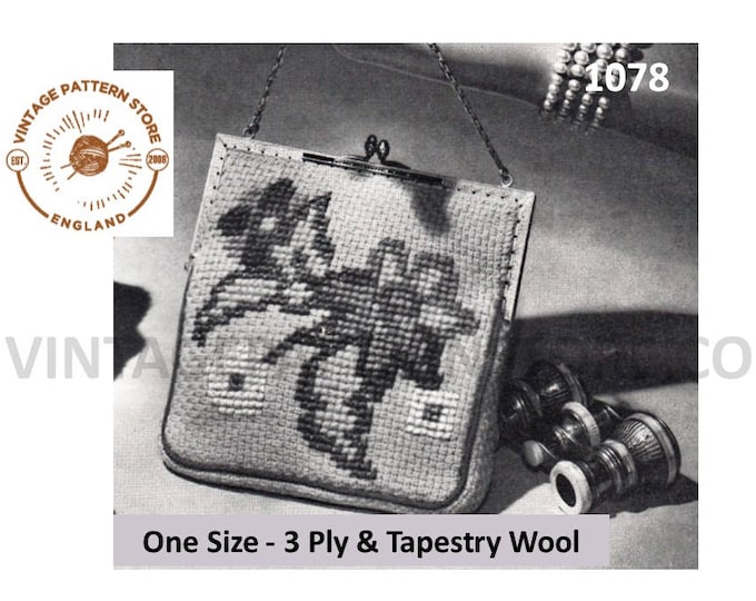 Ladies Womens 50s vintage 4 ply floral tapestry evening hand bag purse pdf knitting pattern Instant PDF download 1078