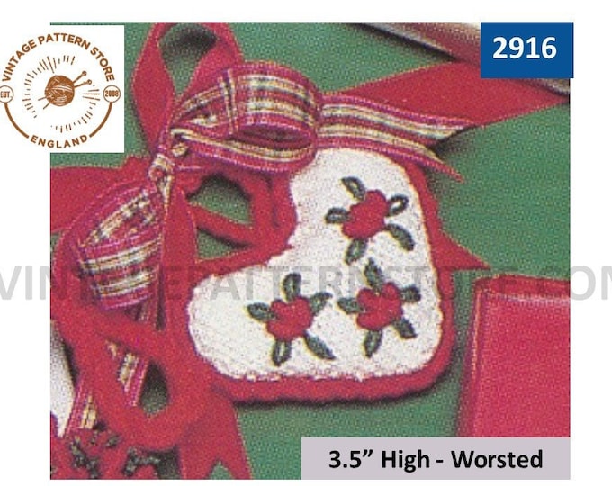 80s vintage Embroidered love heart Christmas tree decoration ornament pdf knitting pattern 3.5" High Instant PDF Download 2916