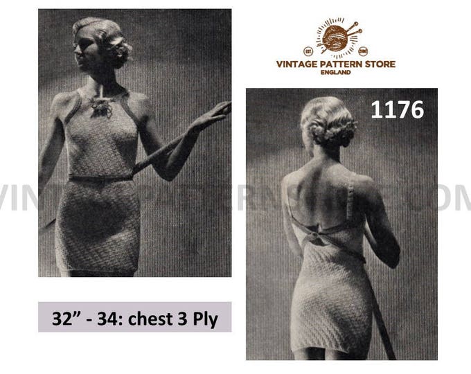 Ladies Womens 30s vintage 3 ply halter neck swim suit swimming costume bathing suit pdf knitting pattern 32" to 34" chest download 1176