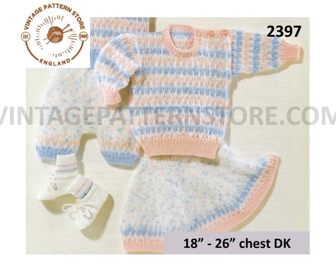 Toddlers Girls Boys Baby Babies DK round neck striped button shoulder sweater skirt & trousers pdf knitting pattern 18" to 26" Download 2397