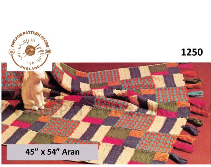 70s vintage 4 ply fringed patchwork check afghan throw pdf crochet pattern 45" by 54" Instant PDF download 1250