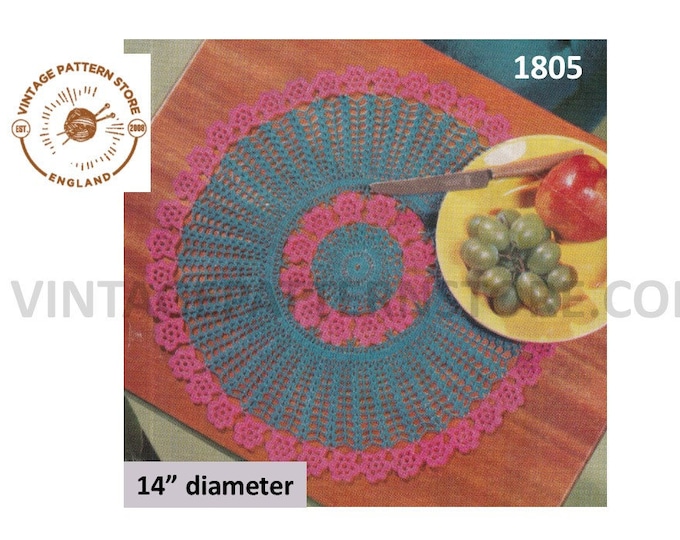 60s vintage 2 colour circular round lacy lace floral motif doily doilies pdf crochet pattern 14" diameter Instant PDF download 1805