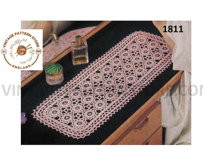 60s vintage lacy lace rectangular crochet cheval dressing table set doily doilies pdf crochet pattern 61.5cm x 24cm Instant download 1811