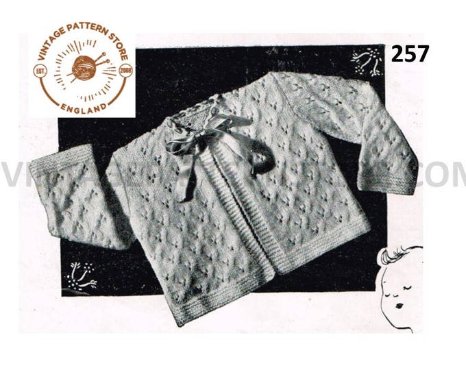 Baby Babies 30s vintage 3 ply arrowhead diamond eyelet lace lacy raglan cardigan matinee coat pdf knitting pattern 19" chest Download 257