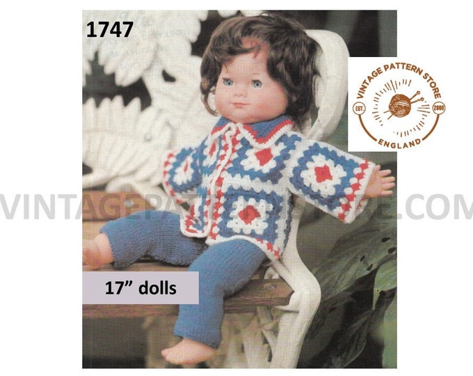 80s vintage 17" dolls clothes patchwork motif jacket pdf crochet pattern & trousers pdf knitting pattern Instant PDF download 1747