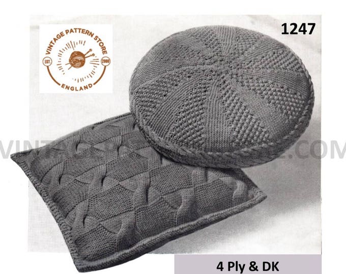 70s vintage circular round and square DK or 4 ply cabled cabled or textured cushion cover pdf knitting pattern 27" by 48" PDF download 1247