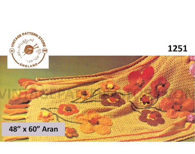 70s vintage raised floral flowers motif rectangular aran afghan throw pdf crochet pattern 48" x 60" Instant PDF download 1251