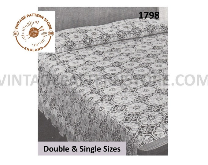 60s vintage floral motif crochet lacy lace double and single bedspread pdf crochet pattern 90" by 108" and 72" by 108" PDF Download 1798