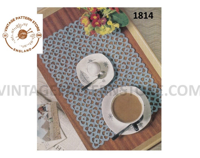 60s vintage large rectangular easy to crochet motif table mat tray cloth doily doilies pdf crochet pattern 41cm x 29cm PDF download 1814