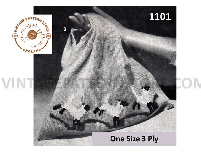 Ladies Womens 50s vintage 3 ply hobo bag tote purse with optional sheep lambs embroidery pdf knitting pattern 15" by 15" PDF Download 1101