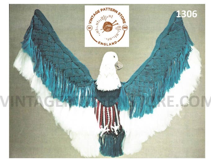 70s vintage Patriotic American Bald Eagle macrame wall hanging pdf macrame pattern experience required Instant PDF download 1306