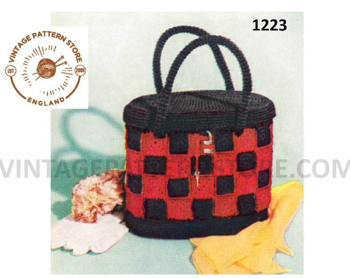 Ladies Womens 50s vintage check patterned box hand bag purse with lid pdf crochet pattern Instant PDF download 1223