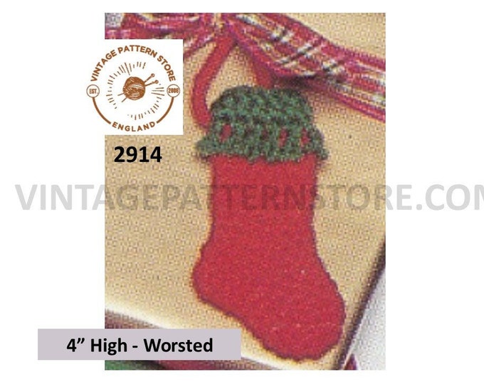 80s vintage Christmas Holiday small miniature stocking tree decoration ornament and gift trim pdf crochet pattern 4" High PDF Download 2914