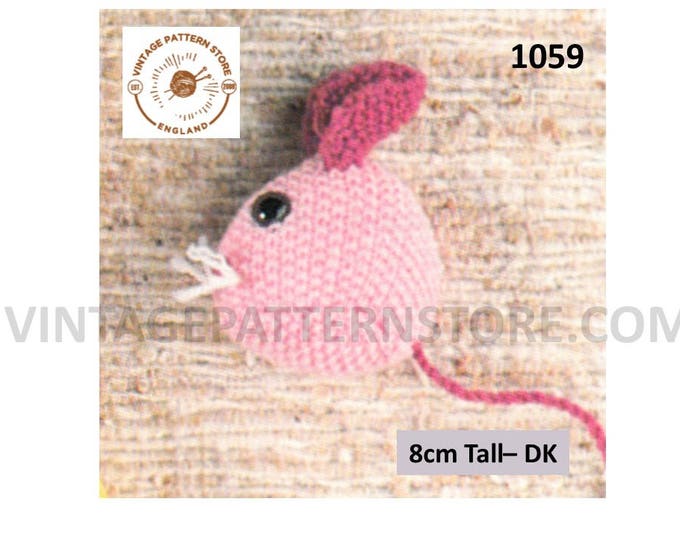 Baby Babies 80s vintage beginners simple and easy to knit pram cot toy mouse pdf knitting pattern 3" High Instant PDF download 1059