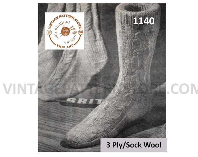 Mens Mans 50s vintage 3 ply triple twist cable cabled socks pdf knitting pattern Instant PDF Download 1140