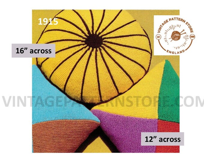 70s vintage easy to knit DK square and round colour blocked geometric cushion covers pdf knitting pattern 12" & 16" across Download 1915
