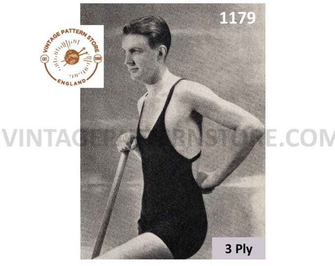 Mens Mans 20s vintage 3 ply bathing swim swimming suit costume pdf knitting pattern 24" waist Instant PDF download 1179