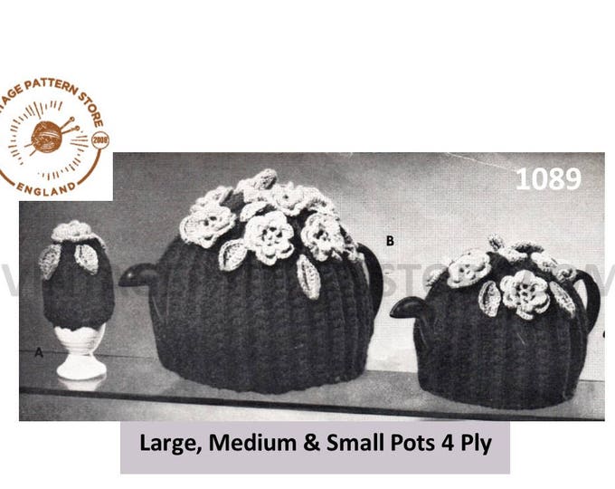 50s vintage 4 ply small and medium sized floral topped tea and egg cosy breakfast set pdf crochet pattern Instant PDF Download 1089