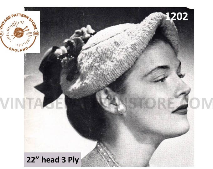 Ladies Womens 50s vintage retro 3 ply hat cap pdf knitting pattern 22" head Size Instant PDF download 1202