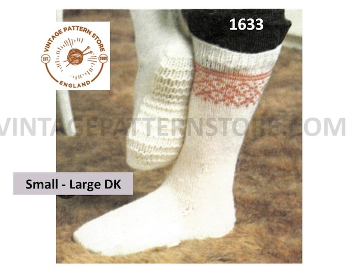 Ladies Womens 80s vintage fair isle banded DK slipper socks pdf knitting pattern in 3 sizes Instant PDF Download 1633