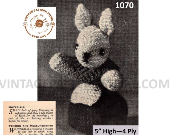50s vintage quick fun simple and easy to knit cuddly 4 ply toy rabbit bunny pdf knitting pattern 5" High Instant PDF download 1070