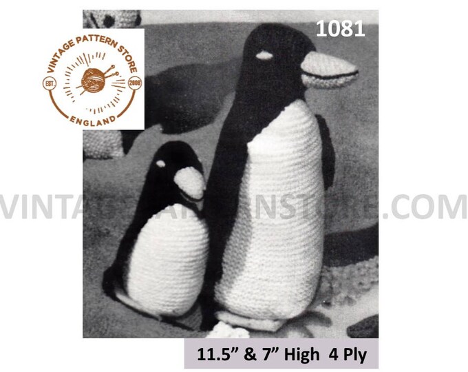 50s vintage 4 ply easy to knit cuddly toy penguin and baby pdf knitting pattern 11.5" and 7" high Instant PDF download 1081