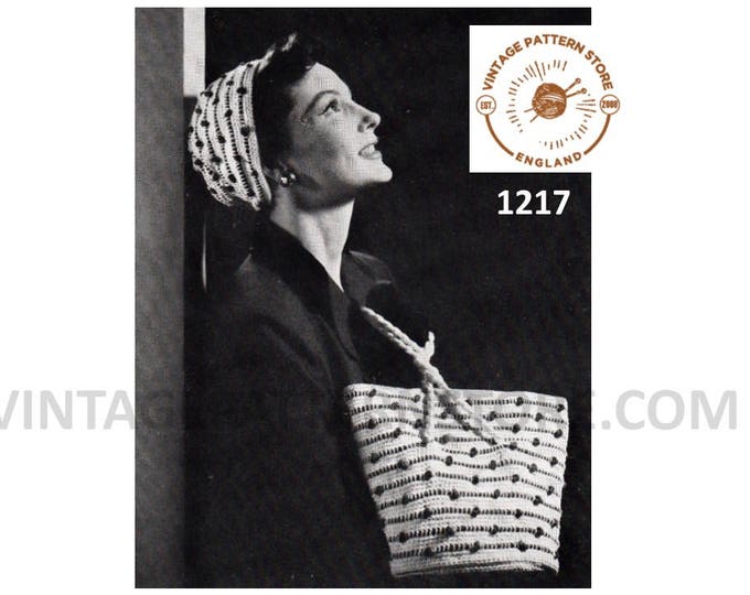 Ladies Womens 50s vintage cap hat and shopping bag purse tote pdf crochet pattern Instant PDF download 1217