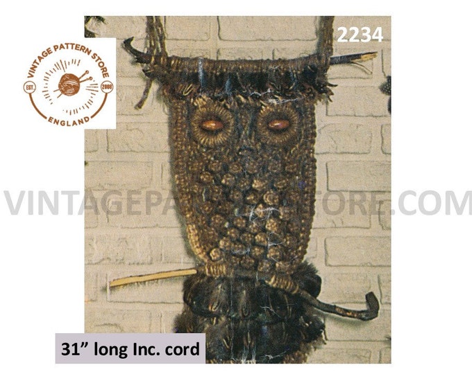 70s vintage macrame wall hanging owl pdf macrame pattern 31" long Instant PDF Download 2234