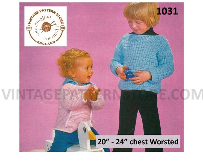 Boys Girls Toddlers 70s slash neck drop shoulder & picot lace round neck raglan sweater jumper pdf knitting pattern 20" to 24" Download 1031