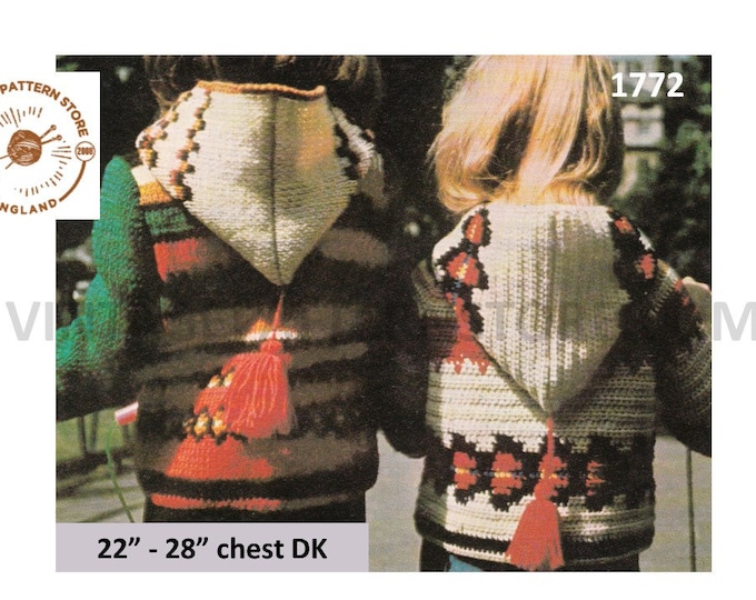 Childrens Toddlers Boys Girls 70s vintage intarsia coat jacket anorak with hood pdf knitting & crochet pattern 22" to 28" PDF Download 1772