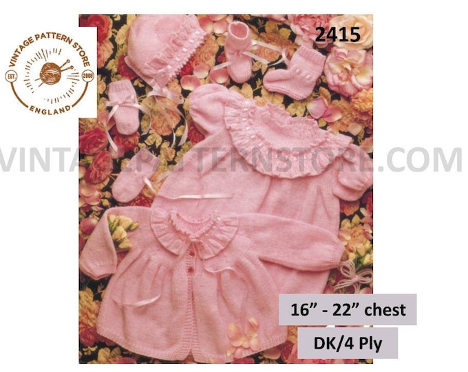 Baby Babies 90s DK or 4 ply layette picot neck matinee coat dress bonnet booties mittens pdf knitting pattern 16" to 22" PDF download 2415
