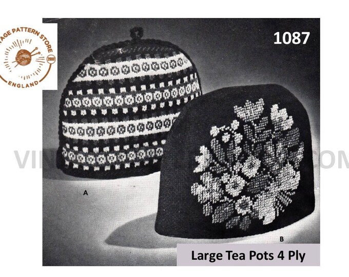 50s Vintage 4 ply large fair isle banded and floral embroidered tea cosy pdf knitting pattern Instant PDF download 1087