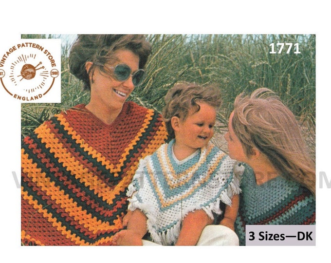 Ladies Womens Girls Toddlers 70s vintage DK & 3 ply V neck poncho pdf crochet pattern Instant PDF Download 1771