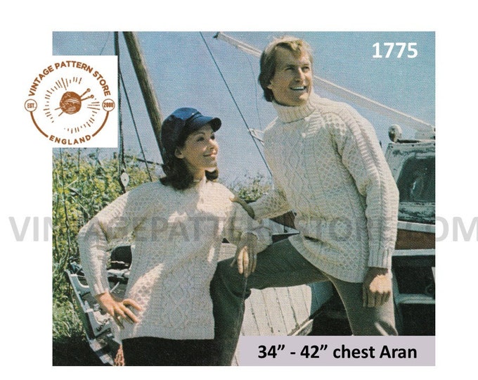 Ladies Womens Mens 70s vintage polo or crew neck cable cabled raglan aran sweater jumper pdf knitting pattern 34" to 42" chest Download 1775